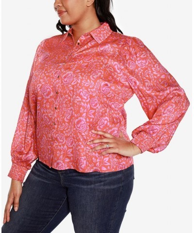 Black Label Plus Size Floral Printed Button-Front Shirt Pink $29.70 Tops