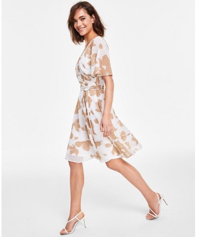 Women's V-Neck Cape-Sleeve Chiffon Fit & Flare Dress Ivory/Khaki $47.52 Dresses