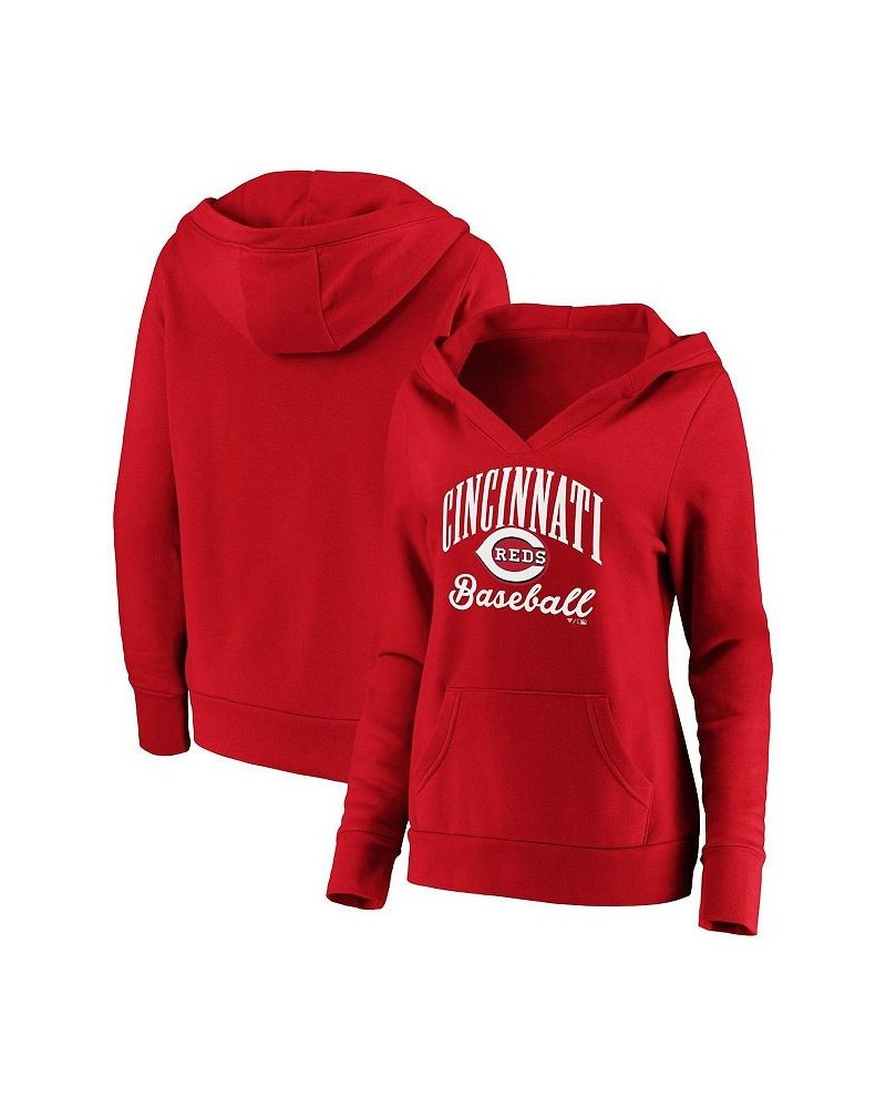 Women's Red Cincinnati Reds Victory Script Crossover Neck Pullover Hoodie Red $38.40 Sweatshirts