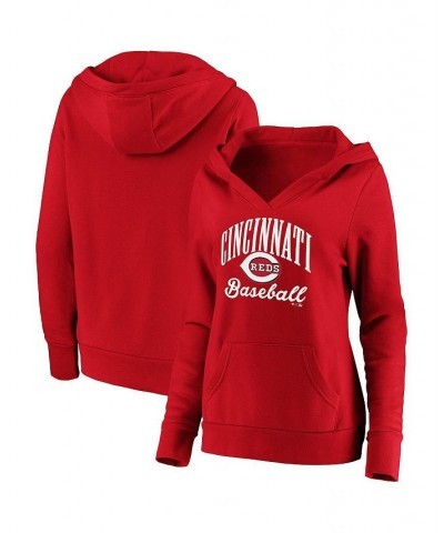 Women's Red Cincinnati Reds Victory Script Crossover Neck Pullover Hoodie Red $38.40 Sweatshirts