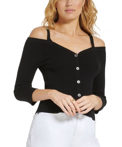 Women's Long-Sleeve Button-Front Cold-Shoulder Sweater Black $46.28 Sweaters