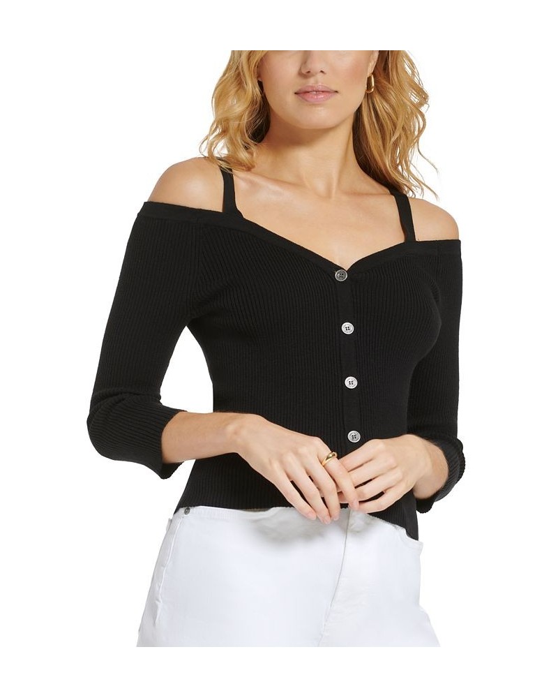 Women's Long-Sleeve Button-Front Cold-Shoulder Sweater Black $46.28 Sweaters