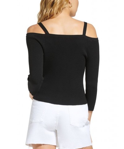 Women's Long-Sleeve Button-Front Cold-Shoulder Sweater Black $46.28 Sweaters