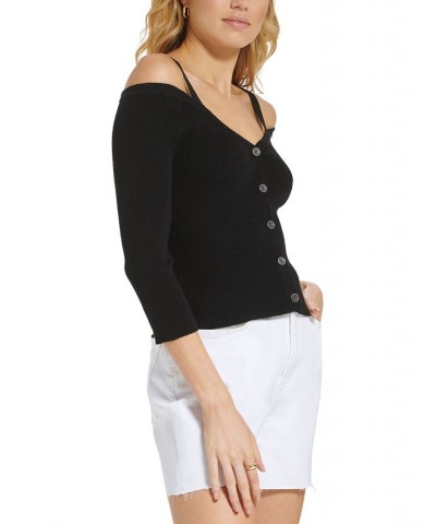 Women's Long-Sleeve Button-Front Cold-Shoulder Sweater Black $46.28 Sweaters