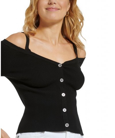 Women's Long-Sleeve Button-Front Cold-Shoulder Sweater Black $46.28 Sweaters