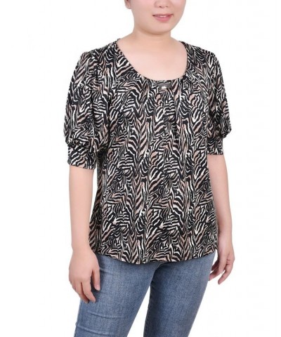 Women's Missy Short Sleeve Balloon Sleeve Top Black Taupe Zebra $17.36 Tops