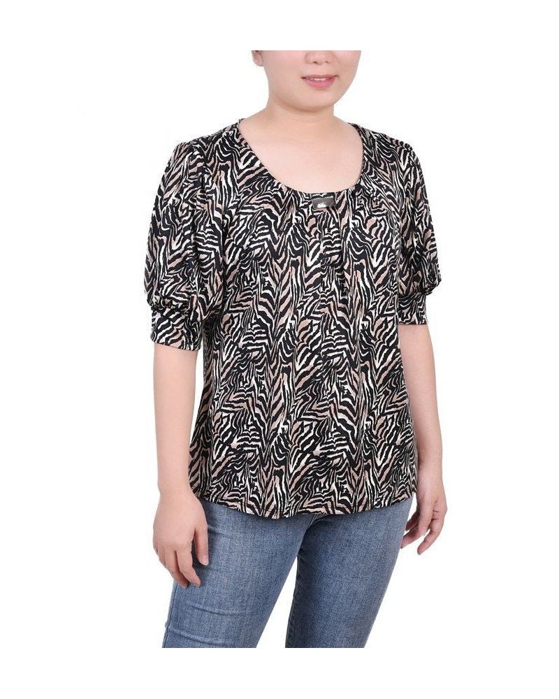 Women's Missy Short Sleeve Balloon Sleeve Top Black Taupe Zebra $17.36 Tops