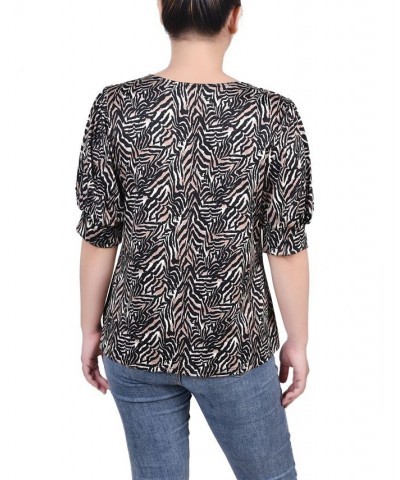 Women's Missy Short Sleeve Balloon Sleeve Top Black Taupe Zebra $17.36 Tops