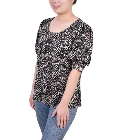 Women's Missy Short Sleeve Balloon Sleeve Top Black Taupe Zebra $17.36 Tops