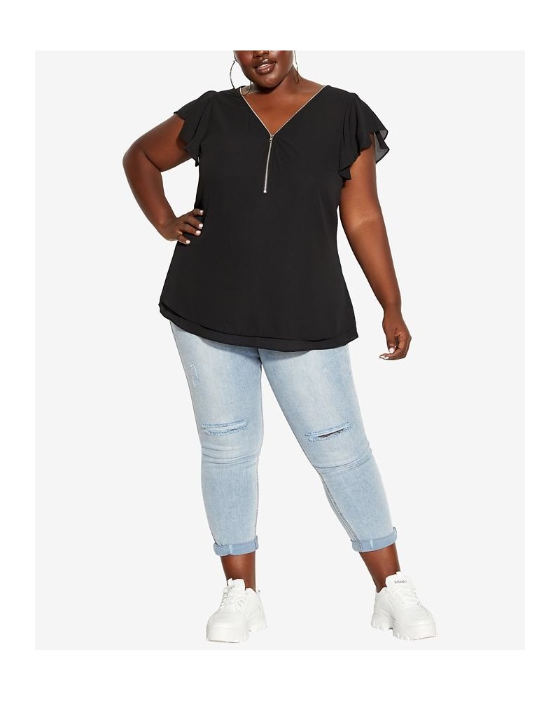 Trendy Plus Size Zip Fling Shorts Flutter Sleeve Top Black $27.95 Tops