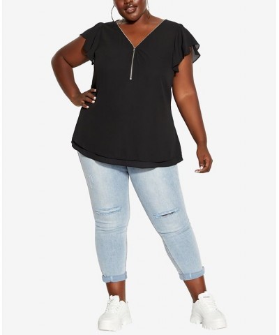 Trendy Plus Size Zip Fling Shorts Flutter Sleeve Top Black $27.95 Tops