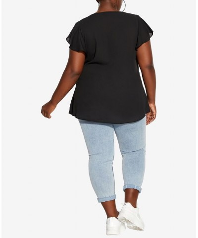 Trendy Plus Size Zip Fling Shorts Flutter Sleeve Top Black $27.95 Tops