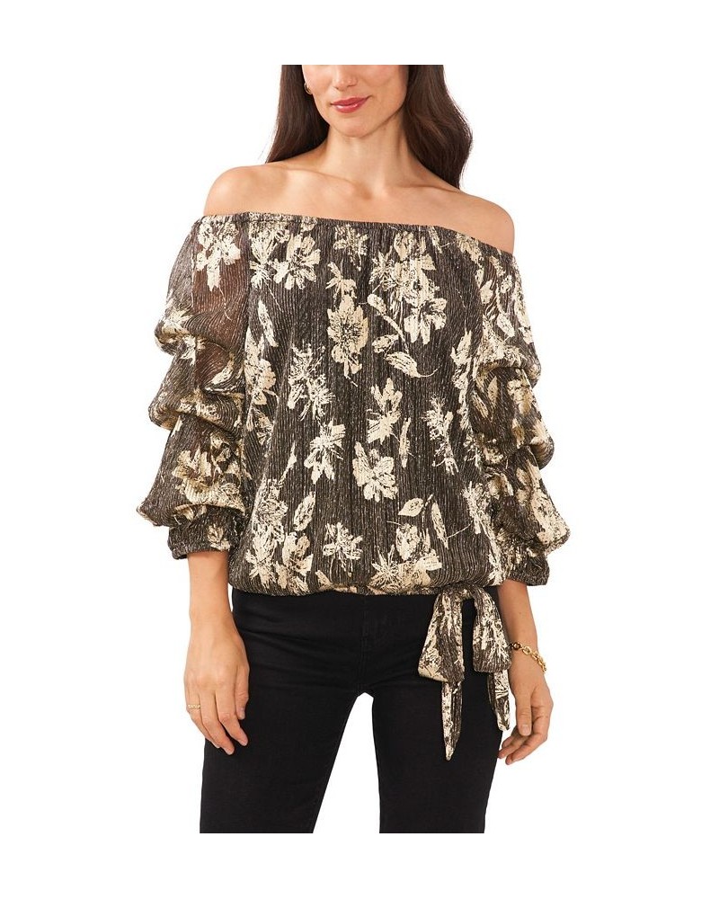 Women's Off The Shoulder Bubble Sleeve Blouse Rich Black $26.98 Tops