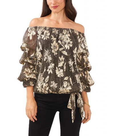 Women's Off The Shoulder Bubble Sleeve Blouse Rich Black $26.98 Tops