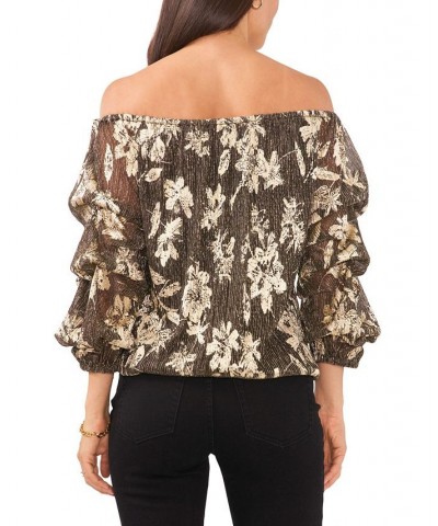 Women's Off The Shoulder Bubble Sleeve Blouse Rich Black $26.98 Tops