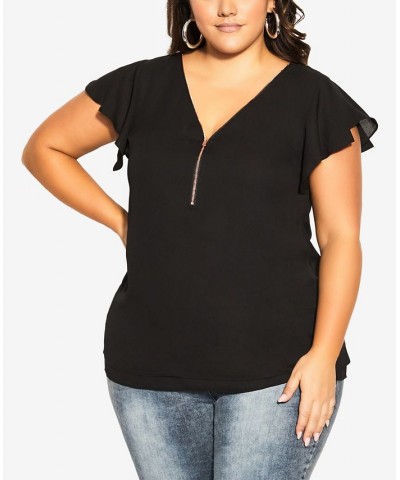 Trendy Plus Size Zip Fling Shorts Flutter Sleeve Top Black $27.95 Tops