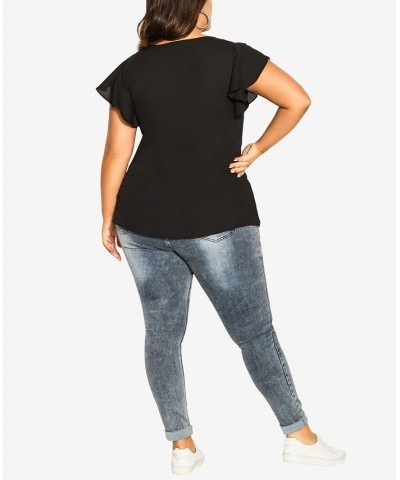 Trendy Plus Size Zip Fling Shorts Flutter Sleeve Top Black $27.95 Tops