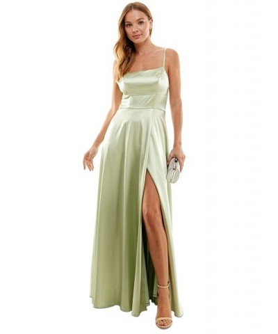 Juniors' Leg-Slit Satin Sleeveless Gown Pistachio $77.91 Dresses