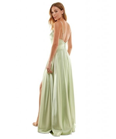 Juniors' Leg-Slit Satin Sleeveless Gown Pistachio $77.91 Dresses