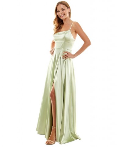 Juniors' Leg-Slit Satin Sleeveless Gown Pistachio $77.91 Dresses