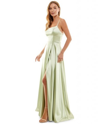 Juniors' Leg-Slit Satin Sleeveless Gown Pistachio $77.91 Dresses