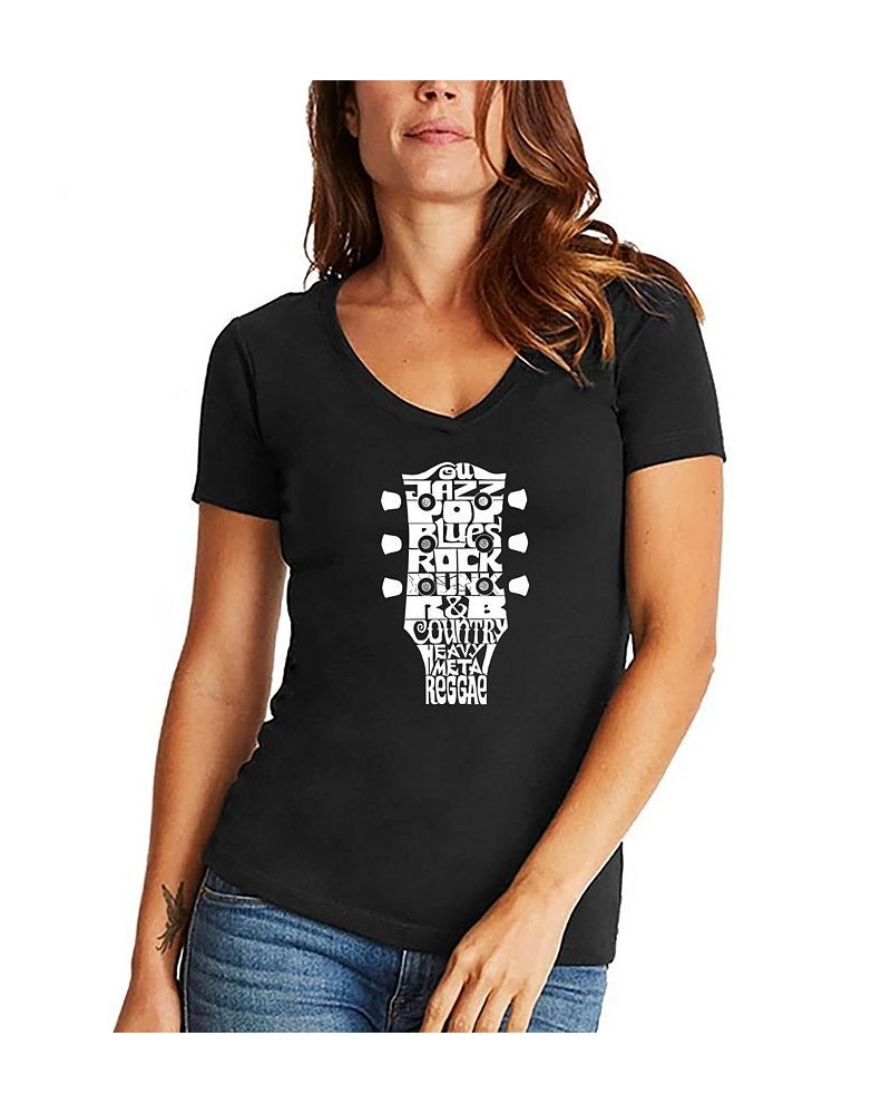 Women's V-neck Word Art Guitar Head Music Genres T-shirt Black $18.54 Tops