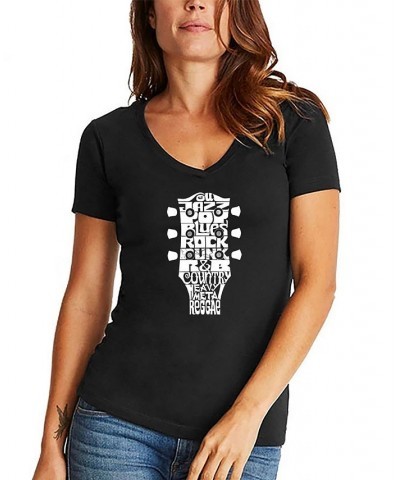 Women's V-neck Word Art Guitar Head Music Genres T-shirt Black $18.54 Tops