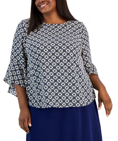 Plus Size Printed Flared 3/4-Sleeve Blouse Blue $25.26 Tops