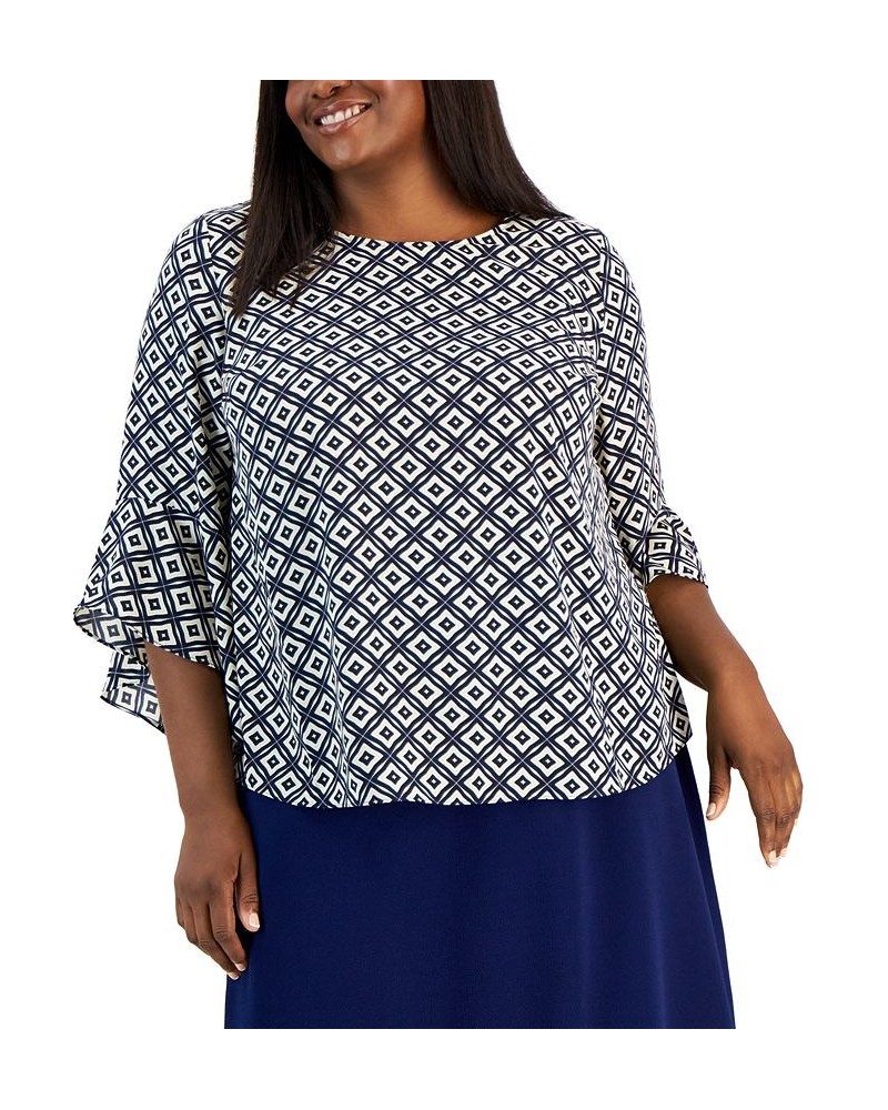 Plus Size Printed Flared 3/4-Sleeve Blouse Blue $25.26 Tops