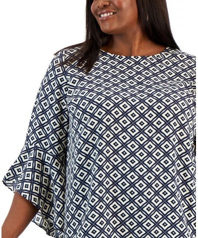 Plus Size Printed Flared 3/4-Sleeve Blouse Blue $25.26 Tops