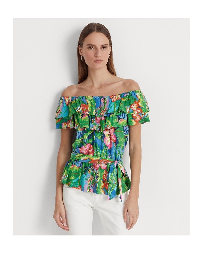 Women's Floral Jersey Off-the-Shoulder Top Green/blue Multi $41.85 Tops