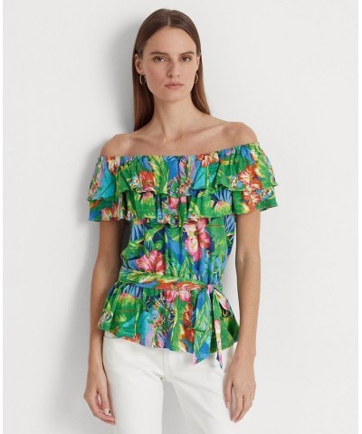 Women's Floral Jersey Off-the-Shoulder Top Green/blue Multi $41.85 Tops