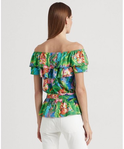 Women's Floral Jersey Off-the-Shoulder Top Green/blue Multi $41.85 Tops