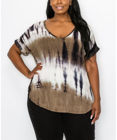 Plus Size Hand Tie Dye V-Neck Rolled Sleeve Top Olive/Gray $21.45 Tops