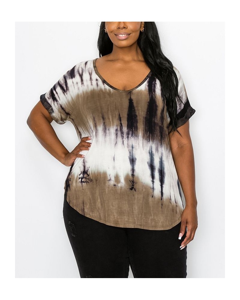 Plus Size Hand Tie Dye V-Neck Rolled Sleeve Top Olive/Gray $21.45 Tops