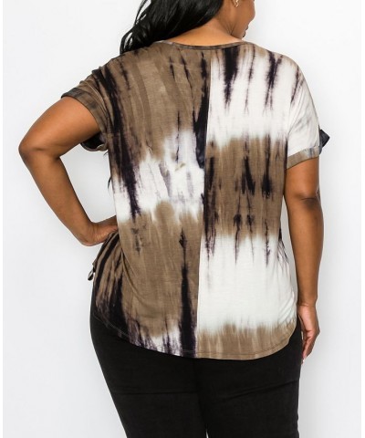 Plus Size Hand Tie Dye V-Neck Rolled Sleeve Top Olive/Gray $21.45 Tops