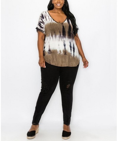 Plus Size Hand Tie Dye V-Neck Rolled Sleeve Top Olive/Gray $21.45 Tops