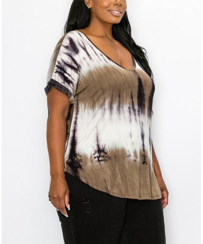 Plus Size Hand Tie Dye V-Neck Rolled Sleeve Top Olive/Gray $21.45 Tops