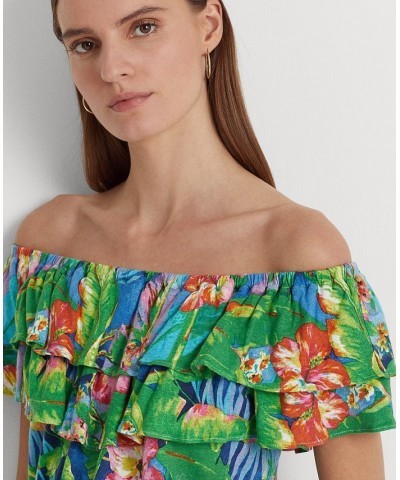 Women's Floral Jersey Off-the-Shoulder Top Green/blue Multi $41.85 Tops