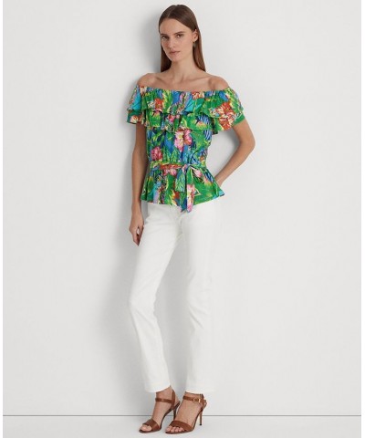 Women's Floral Jersey Off-the-Shoulder Top Green/blue Multi $41.85 Tops