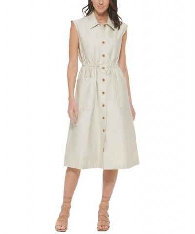 Women's Button-Front Patch Pocket Sleeveless Midi Shirtdress Pearl $57.46 Dresses