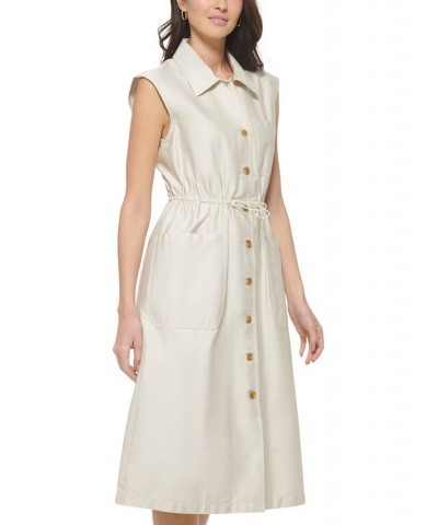 Women's Button-Front Patch Pocket Sleeveless Midi Shirtdress Pearl $57.46 Dresses