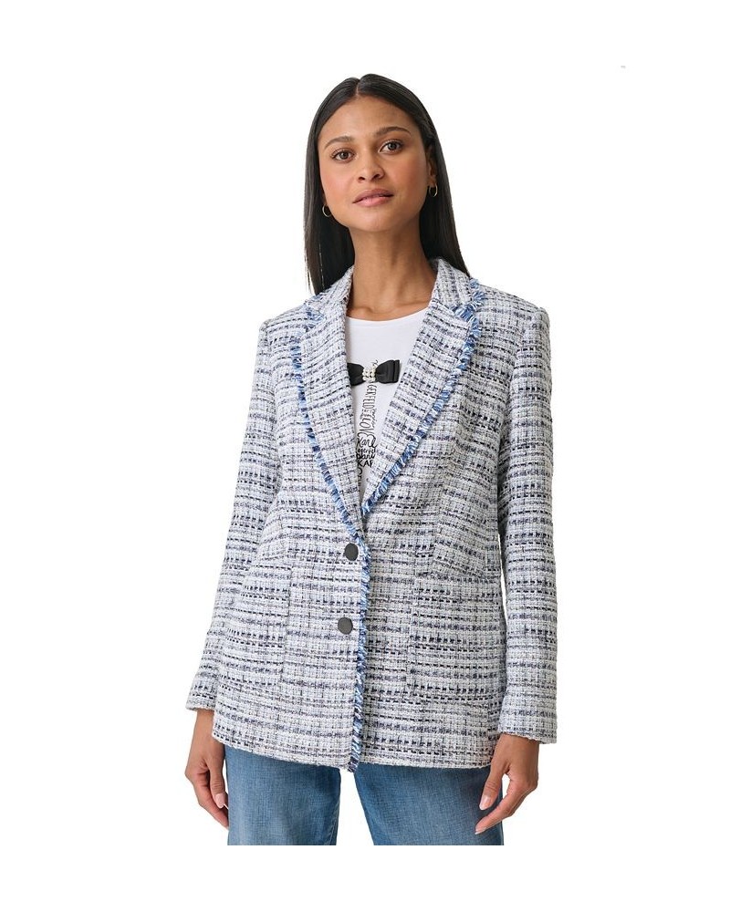 Women's Tweed Fringed Button Blazer Denim Multi $62.26 Jackets