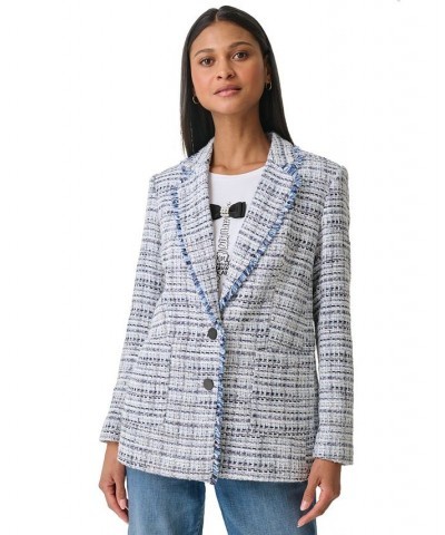 Women's Tweed Fringed Button Blazer Denim Multi $62.26 Jackets