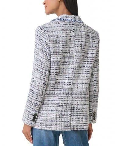 Women's Tweed Fringed Button Blazer Denim Multi $62.26 Jackets