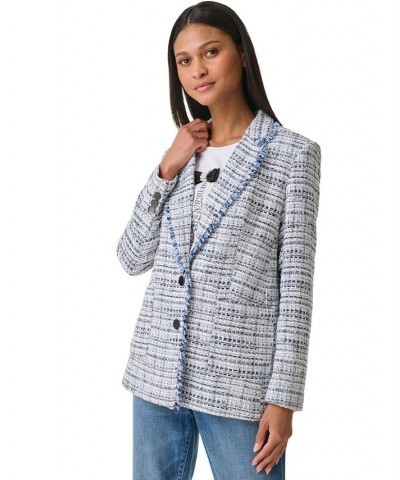 Women's Tweed Fringed Button Blazer Denim Multi $62.26 Jackets