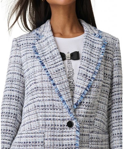 Women's Tweed Fringed Button Blazer Denim Multi $62.26 Jackets