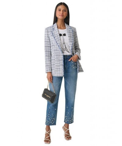 Women's Tweed Fringed Button Blazer Denim Multi $62.26 Jackets