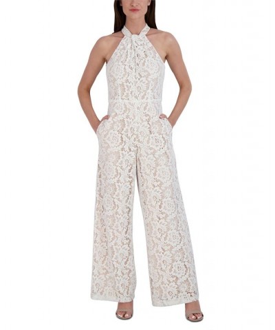 Women's Lace Twist-Neck Wide-Leg Jumpsuit Ivory/nude $70.03 Pants