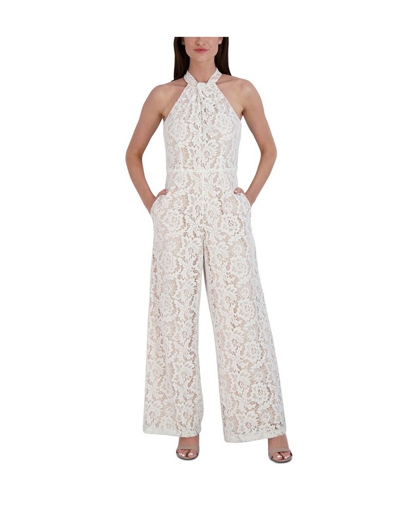 Women's Lace Twist-Neck Wide-Leg Jumpsuit Ivory/nude $70.03 Pants